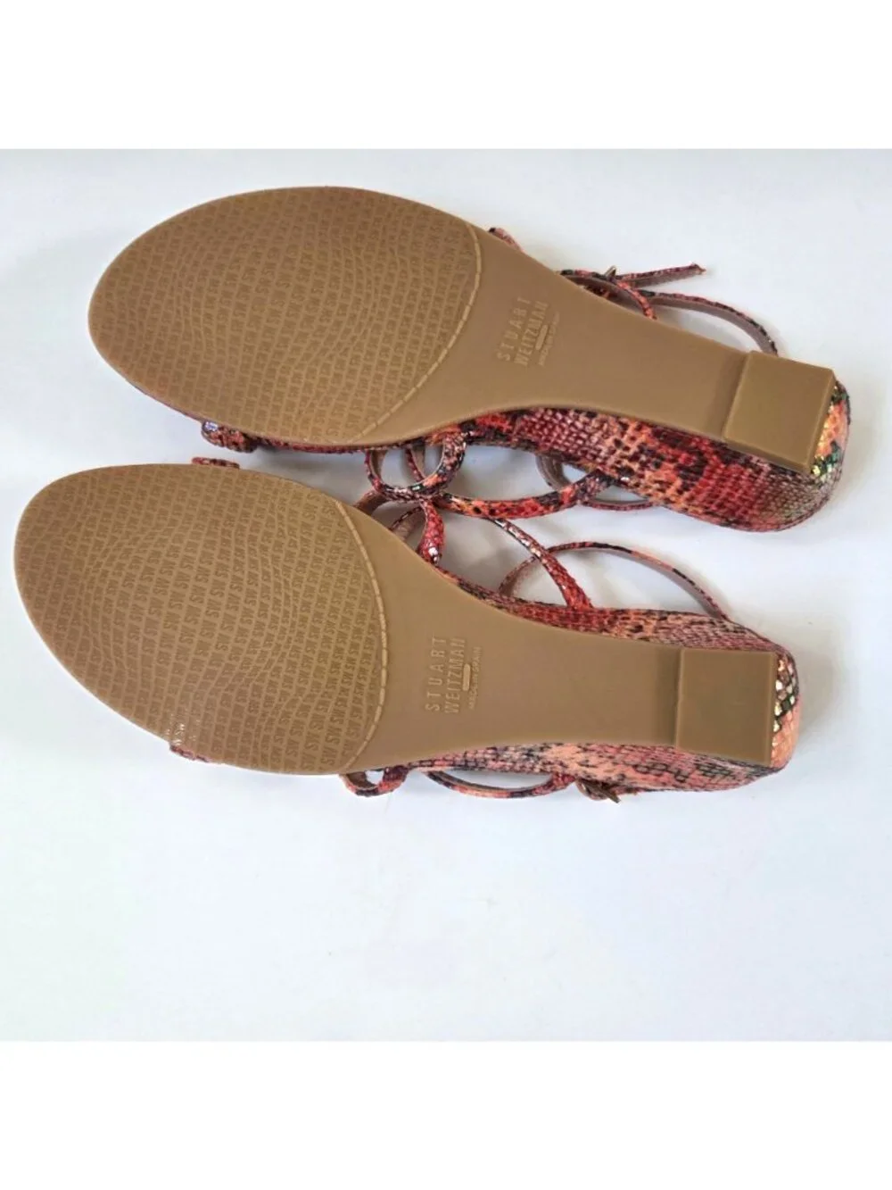 Stuart Weitzman Sandals 7 Pink Melon Tiffy Chain Trim Strappy Leather Wedge NEW